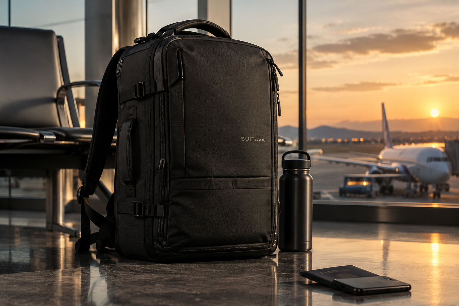 SUITAVA 30-36L premium travel backpack in airport lounge setting